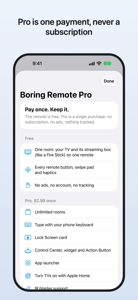 Screenshot: Pro is one payment, never a subscription